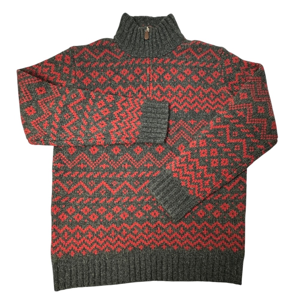 J Crew Sweater Mens Small Gray Red Lambswool 1/4 Zip Fair Isle Mock Neck Y2K